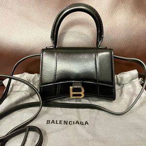 Balenciaga Hourglass Mini top handle shining calfskin black Leather handbag tote